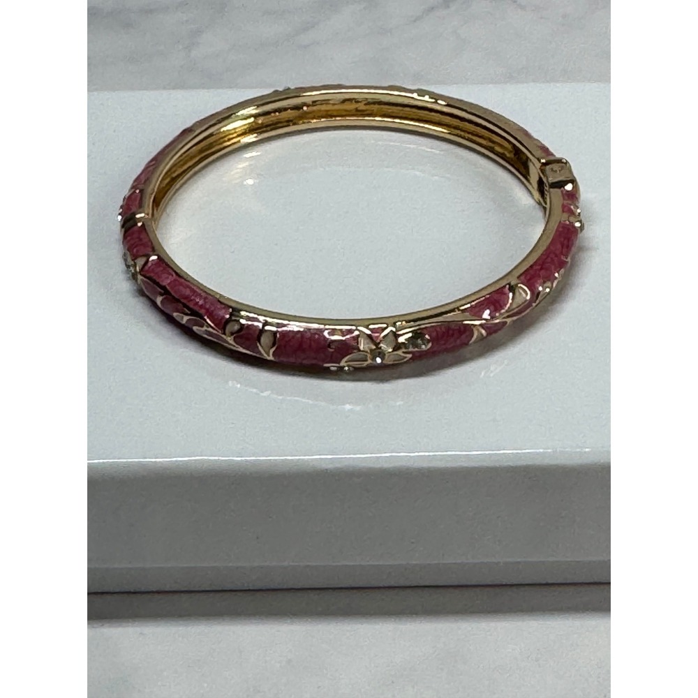 Cloisonne Pink and Cream Floral Enamel Hinged Bangle Bracelet New In Box